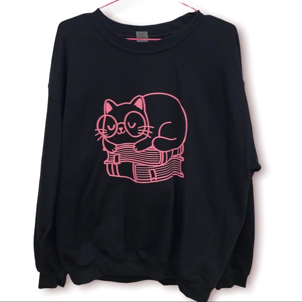 Gildan Black Sweater with Pink Cat Design